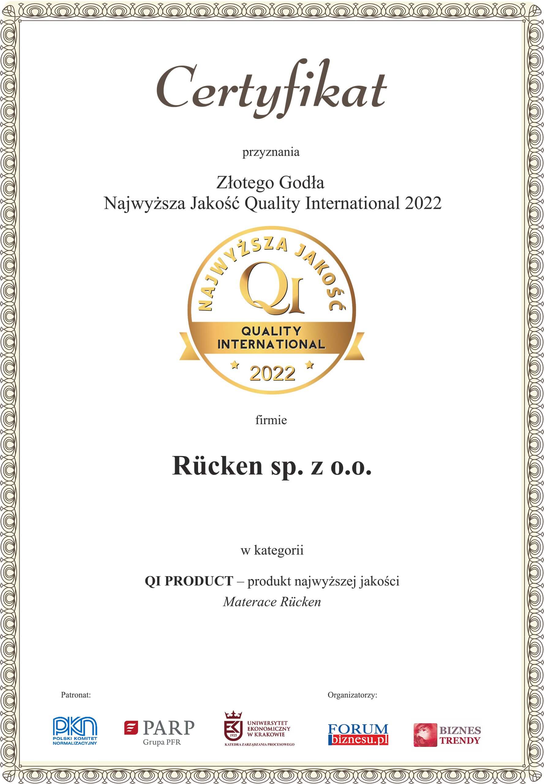 Certyfikat Złotego Godła dla Rucken